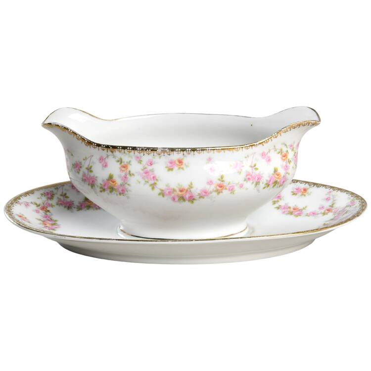 Bridal Rose (Smooth, Gold Edge) Gravy Boat with Attached Underplate