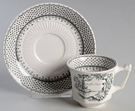 Minuet Black (Older, Wm  Adams Bcskstmp) Flat Demitasse Cup & Saucer Set