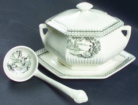 Minuet Black (Older, Wm  Adams Bcskstmp) Sauce Boat & Lid & Underplate & Ladle
