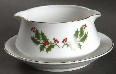 Christmas Holly (Porcelain) Round Gravy Boat/Attached Underplate