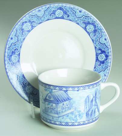 Asian Blue Flat Cup & Saucer Set