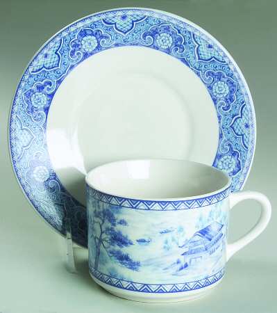 Asian Blue Flat Cup & Saucer Set