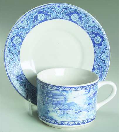 Asian Blue Flat Cup & Saucer Set