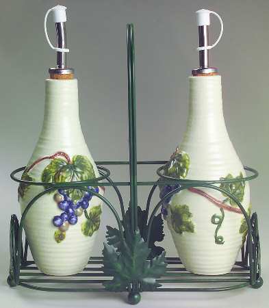 Grapevine Putty 2 Oil/Vinegars Jars-Drizzle Spouts in Metal Holder