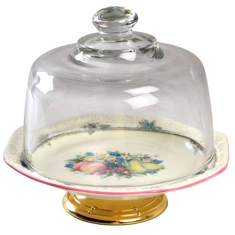 Sweet Country Harvest 6 1/2"-7 1/2" Footed Cheese Plate w/ Glass Dome HC