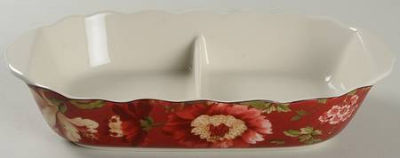 Summer Botanical Lutece Fleur Rouge 11" Oval Divided Vegetable Bowl