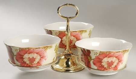Summer Botanical Lutece Fleur Rouge 7" x 12" 3-Part Relish & Metal Stand (CERC) HC