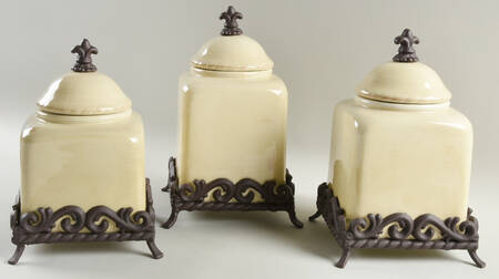 Tuscan Countryside Cream (3 Piece) Canister & Metal Base Set