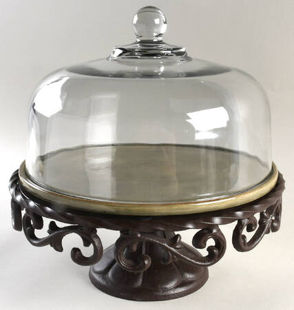 Tuscan Countryside Sage Green Metal Pedestal Cake Stand w/Cake Plate & Glass Dome