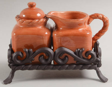 Tuscan Countryside Terra Cotta Creamer & Sugar W/Metal Stand