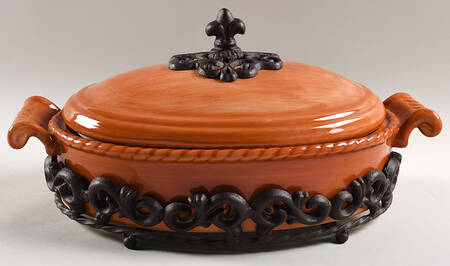 Tuscan Countryside Terra Cotta 3 Qt Covered Oval Casserole & Metal Stand