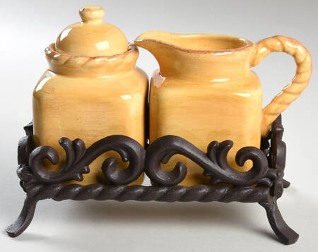 Tuscan Countryside Yellow Creamer & Sugar W/Metal Stand