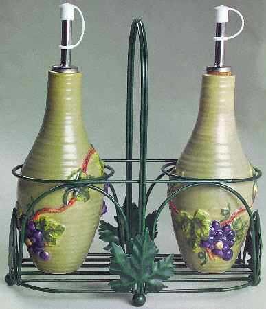 Grapevine Khaki 2 Oil/Vinegars Jars-Drizzle Spouts in Metal Holder