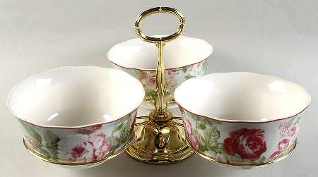 English Rose 7" x 12" 3-Part Relish & Metal Stand (CERC) HC
