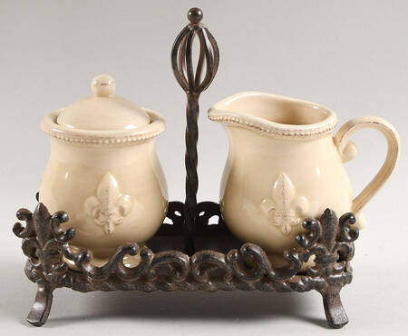 Fleur De Lis Cream Creamer & Sugar W/Metal Stand