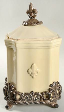 Fleur De Lis Cream Medium Canister with Metal Base