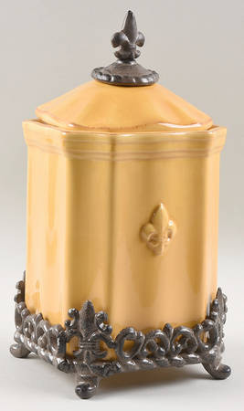 Fleur de Lis Yellow Large Canister W/Metal Base