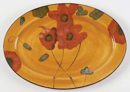 Fleur Rouge (Country French, Brown Trim) 16" Oval Serving Platter