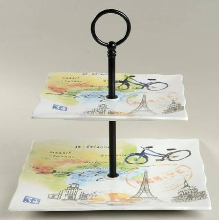 Paris Travels 2 Tiered Serving Tray (Square Dinner&Salad Plate)