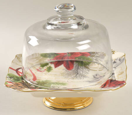 Holiday Wishes 6 1/2"-7 1/2" Footed Cheese Plate w/ Glass Dome HC