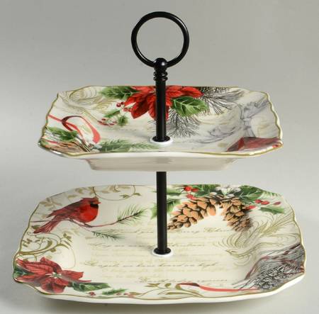 Holiday Wishes 2 Tiered Serving Tray (Square Dinner&Salad Plate)