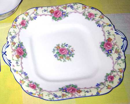B944 (Smooth, Blue Trim) Square Handled Cake Plate