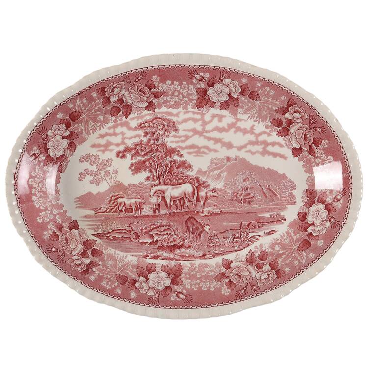 English Scenic Pink (Older, White) 12" Oval Serving Platter