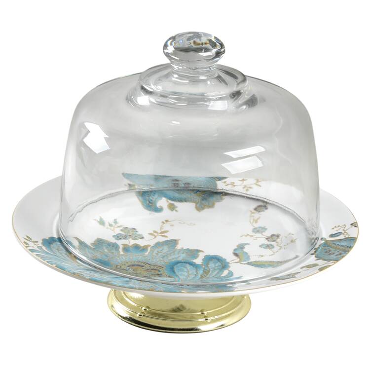 Eliza Teal 6 1/2"-7 1/2" Footed Cheese Plate w/ Glass Dome HC