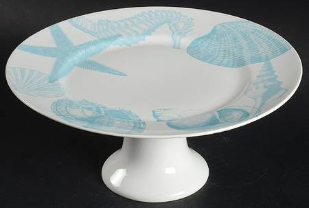 Coastal Life Blue 10" Diameter Pedestal Cake Stand