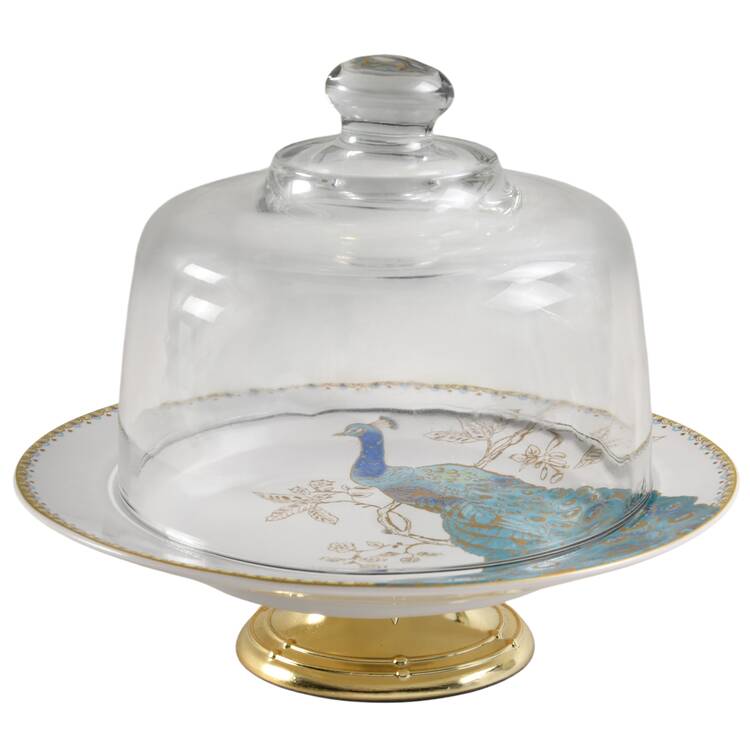 Peacock Garden 6 1/2"-7 1/2" Footed Cheese Plate w/ Glass Dome HC