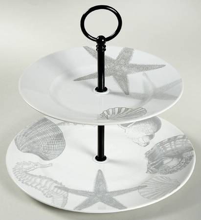 Coastal Life Silver (Gray) 2 Tiered Serving Tray (Dinner & Salad Motif 4)