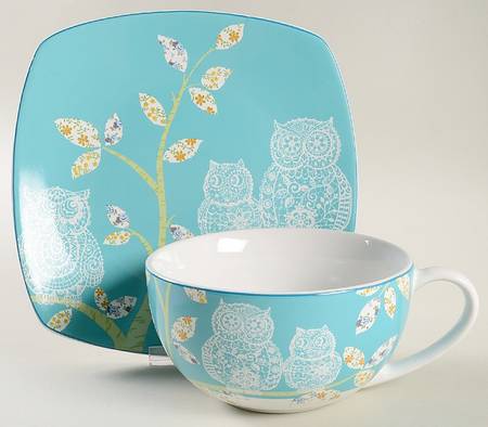 Lacy Owls Soup Mug & Square Plate Set