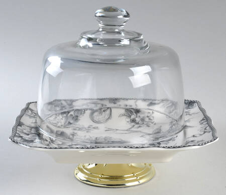 Adelaide Grey and White 6 1/2"-7 1/2" Footed Cheese Plate w/ Glass Dome HC