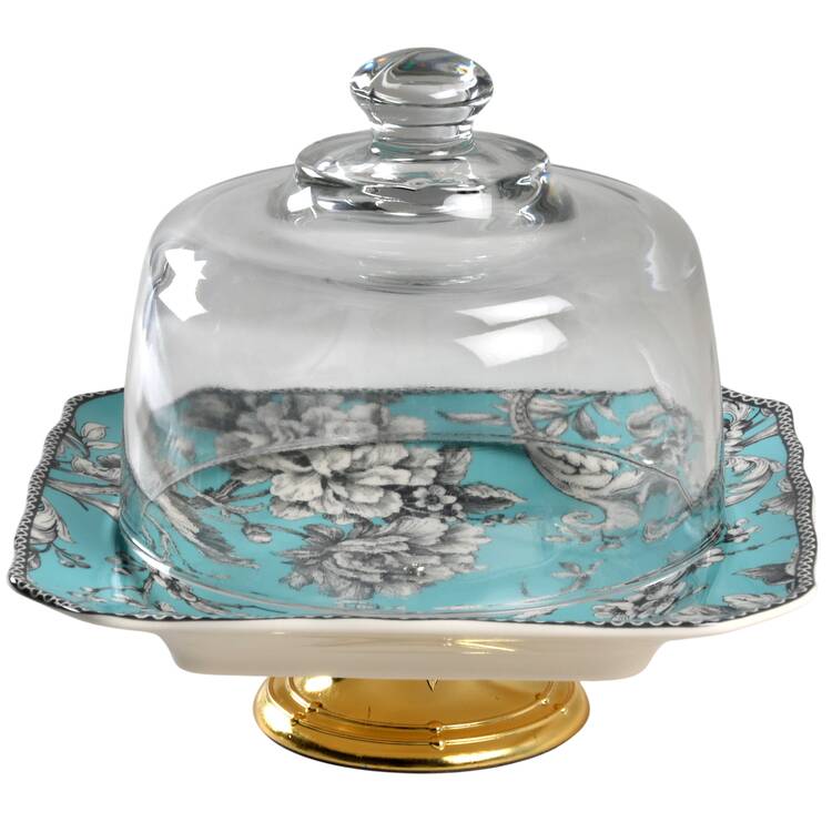 Adelaide Turquoise 6 1/2"-7 1/2" Footed Cheese Plate w/ Glass Dome HC