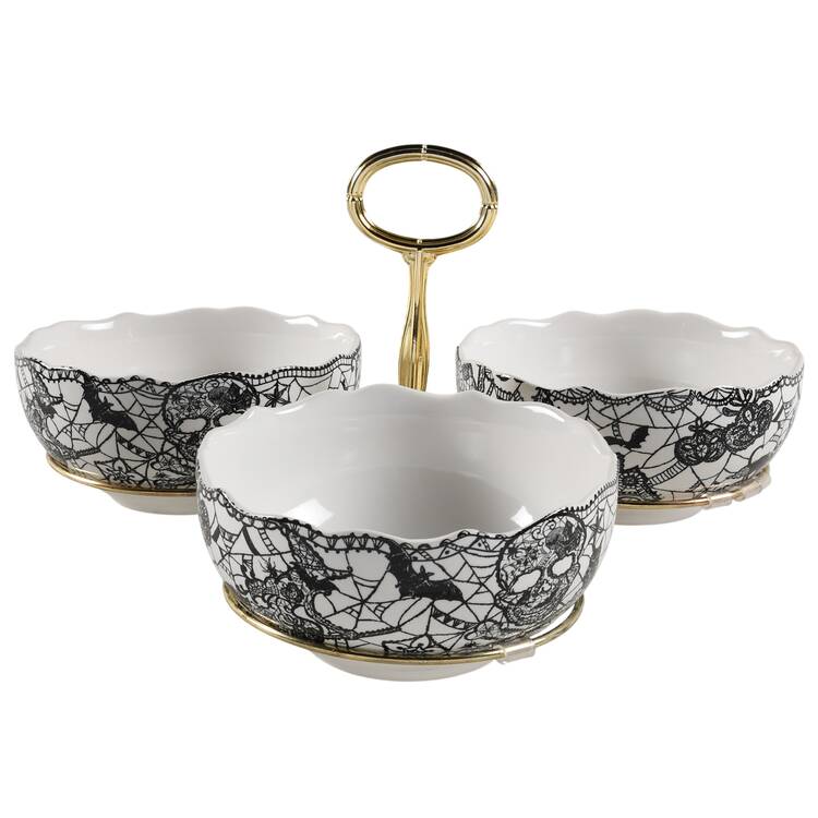 Wiccan Lace 7" x 12" 3-Part Relish & Metal Stand (CERC) HC