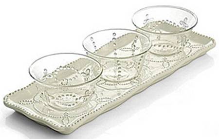 Gabrielle Scallop White (4 Pc) Condiment Set(3 Glass Bowls&Ceramic Tray)
