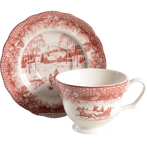 Poinsettia Toile Footed Cup & Saucer Set
