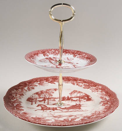 Poinsettia Toile 6 5/8"-10"  2 Tiered Serving Tray (Dp, Sp) HC