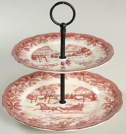 Poinsettia Toile 2 Tiered Serving Tray (Dinner & Salad Plate)