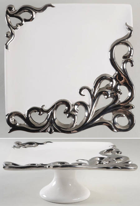 Pierced Serveware Silver (Platinum) 11" Diameter Square Pedestal Cake Stand
