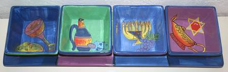 Chanukah Montage Dip Bowl Set-4 Motif Bowls & Tray
