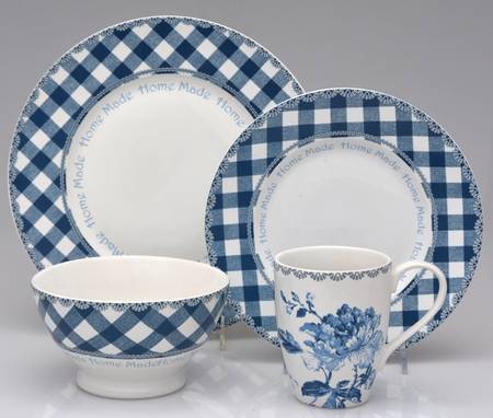 Floral Plaid Blue 16 Piece Set