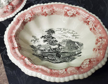 English Scenic Pink and Black Tureen No Lid