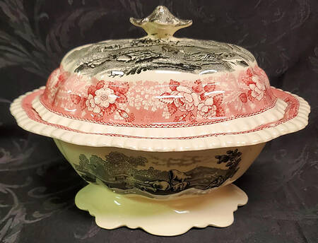 English Scenic Pink and Black Tureen &  Lid