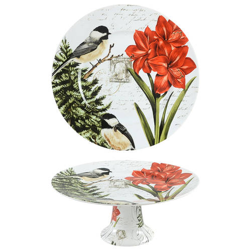 Winter Cheer Bird 10" Diameter Pedestal Cake Stand
