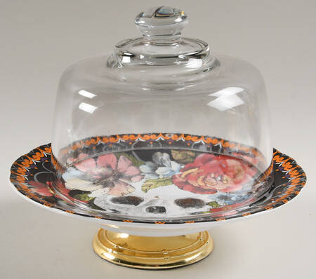 Marbella Skull Multicolor 6 1/2"-7 1/2" Footed Cheese Plate w/ Glass Dome HC
