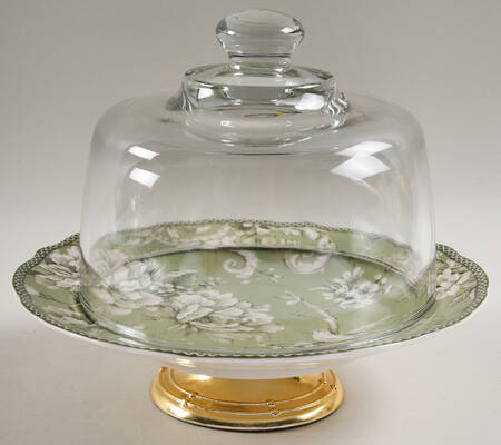 Adelaide Sage 6 1/2"-7 1/2" Footed Cheese Plate w/ Glass Dome HC