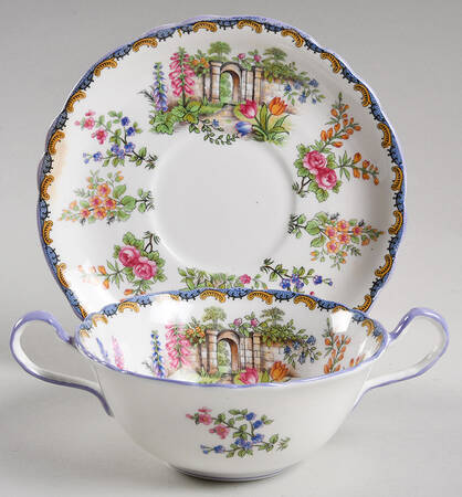 Wilton (Scalloped, Purple Trim) Footed Cream Soup Bowl & Saucer Set