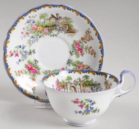 Wilton (Scalloped, Purple Trim) Footed Cup & Saucer Set