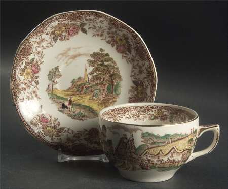 Olde England Brown Multicolored Flat Cup & Saucer Set